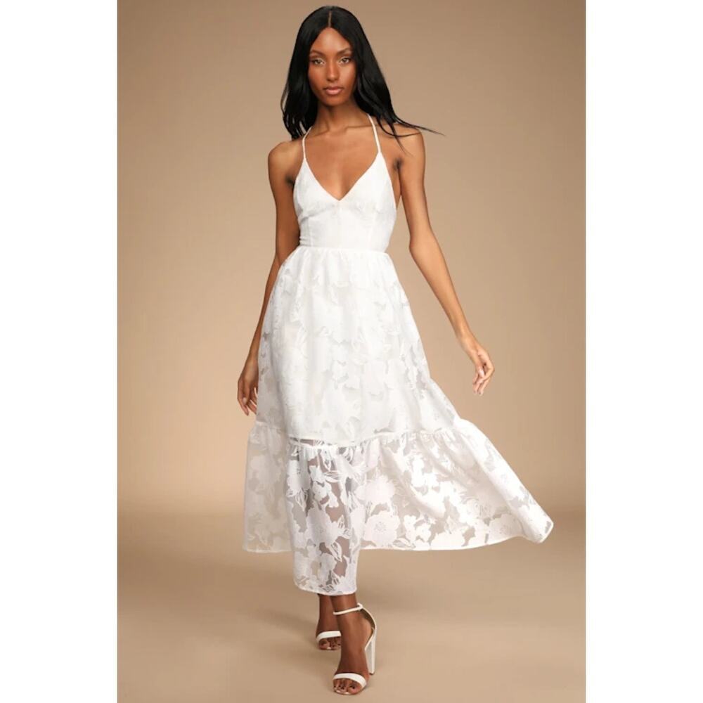 NWT Lulus Feeling Like Forever White Jacquard Organza Lace-Up Midi Dress Size S
